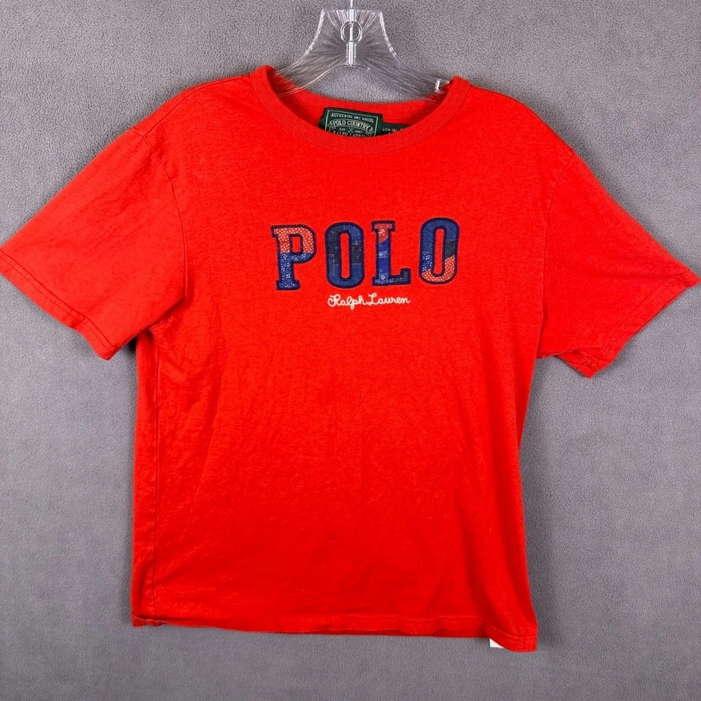 Ralph Lauren Polo Country Boys T-Shirt L 14-16 Embroidered Patchwork Logo Red